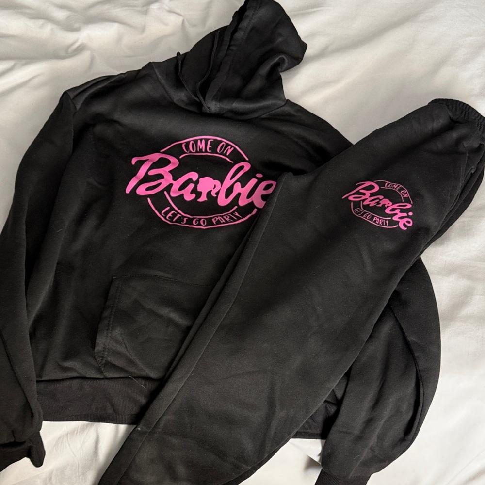 Black Hoodie and Sweatpants with Pink Barbie Logo